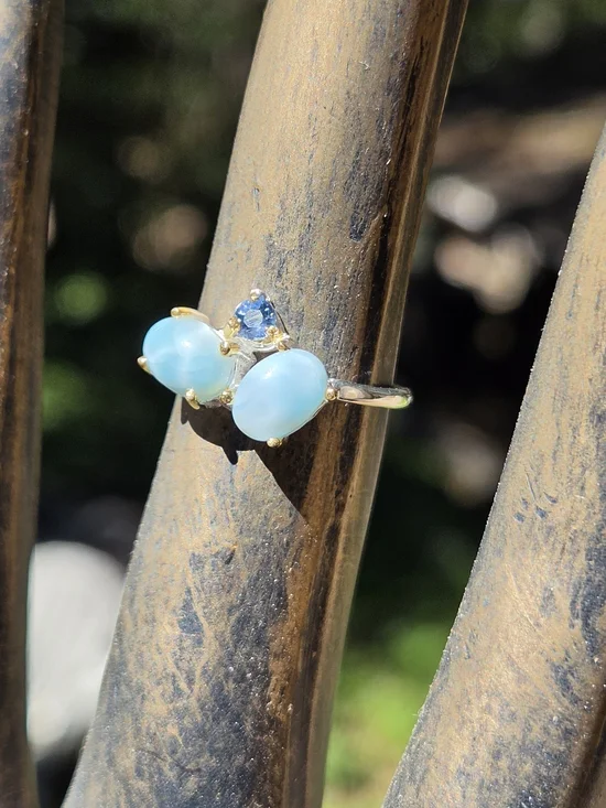 Larimar & Sapphire Sterling & Gold Ring Sz6 - Picture 5 of 8